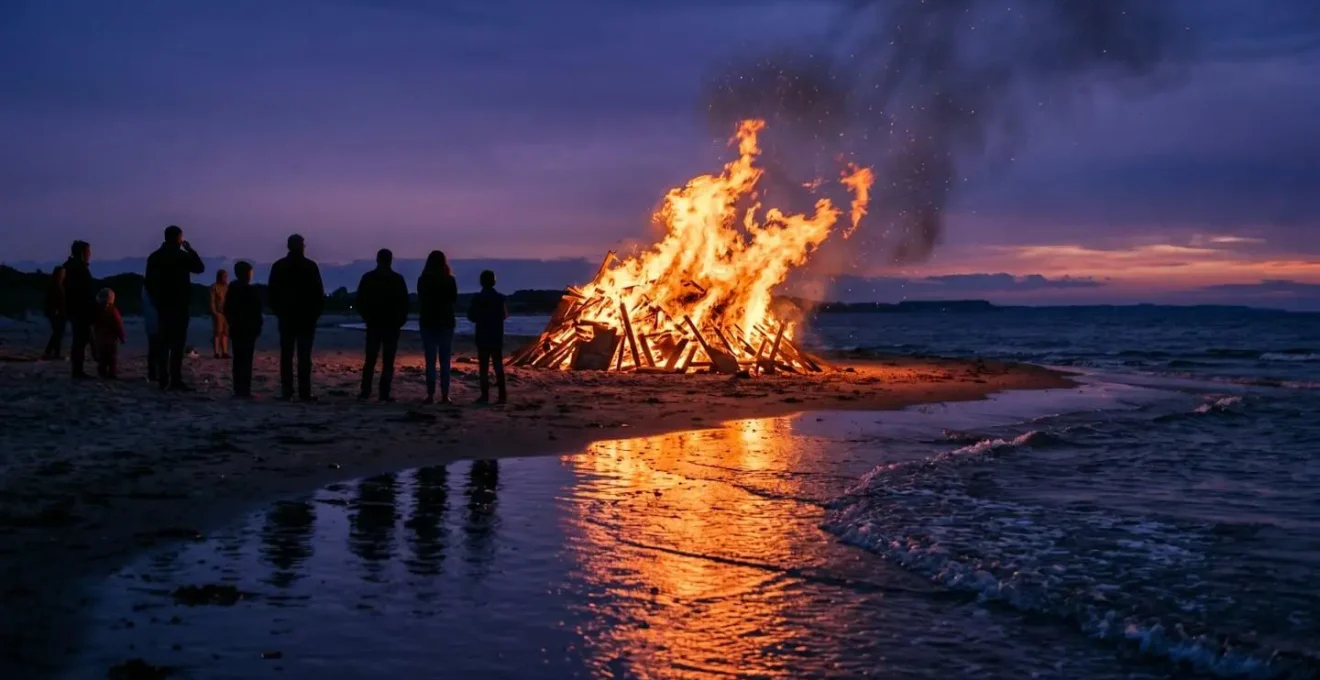 Large bonfire burning on Danish coastline at twilight with water reflections and gathered community silhouettes