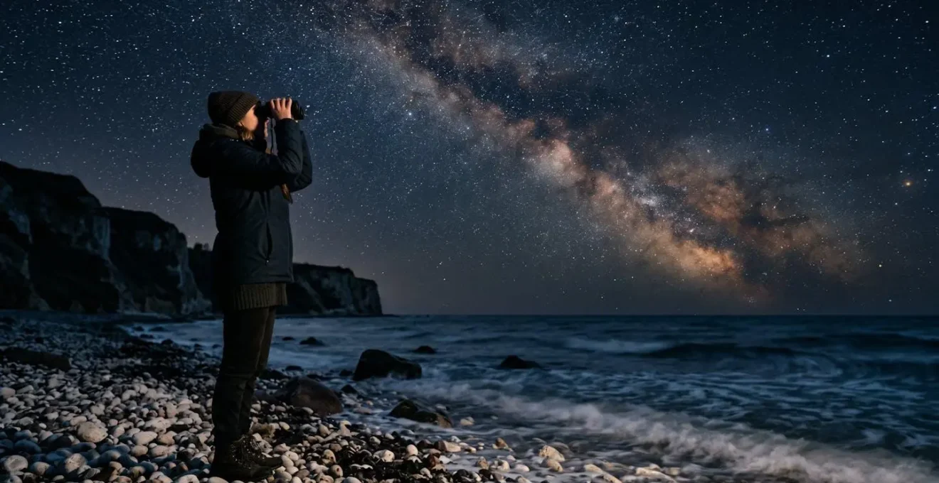 Silhouetted figure with binoculars gazing at brilliant Milky Way arc over dark Baltic Sea horizon