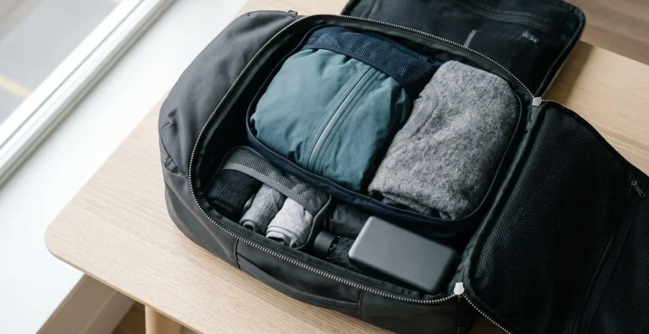 Single carry-on backpack with layered clothing and essential travel items organized for Nordic train journey