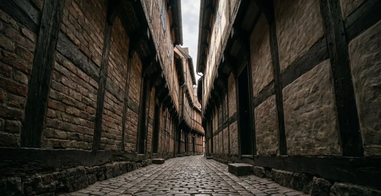 Atmospheric view of narrow cobblestone alley between weathered timber and brick facades creating wind tunnel effect