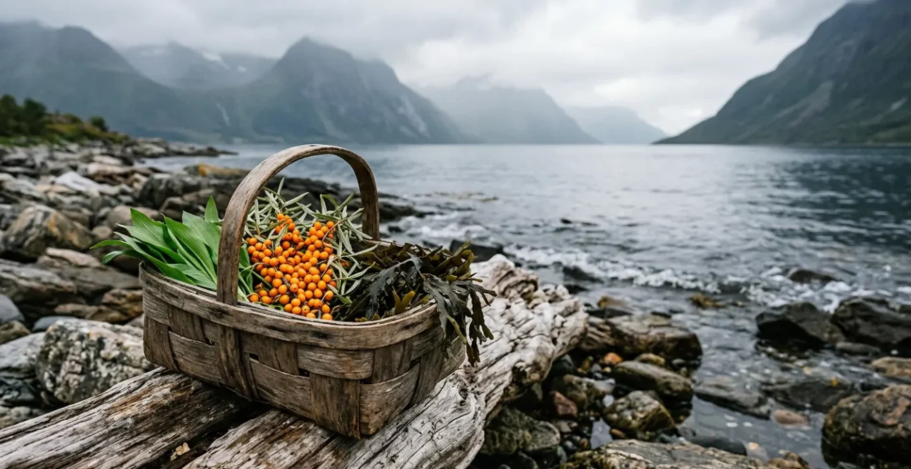 A rustic wooden foraging basket filled with fresh sea buckthorn berries, wild ramsons, and coastal seaweed arranged on weathered driftwood against a misty Nordic coastal landscape