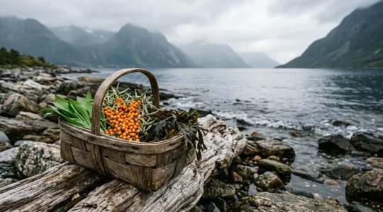 A rustic wooden foraging basket filled with fresh sea buckthorn berries, wild ramsons, and coastal seaweed arranged on weathered driftwood against a misty Nordic coastal landscape
