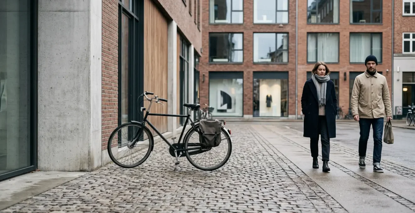 Atmospheric Copenhagen street scene capturing Nordic minimalist fashion aesthetic with muted tones and modern architecture