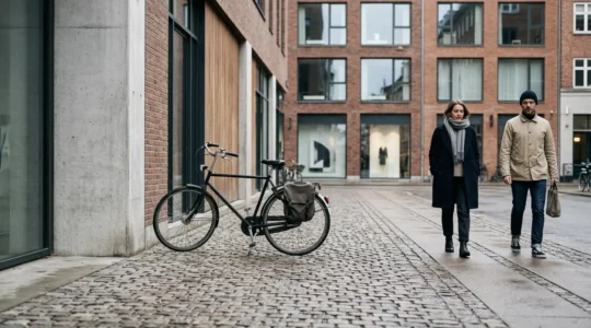 Atmospheric Copenhagen street scene capturing Nordic minimalist fashion aesthetic with muted tones and modern architecture