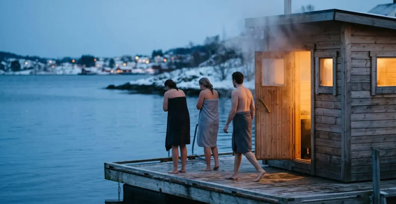 Wooden waterfront sauna structure with steam rising against cold winter harbor water