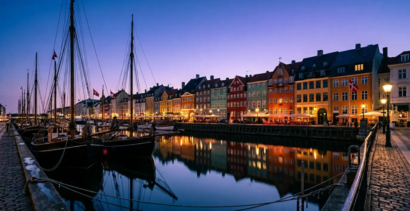 Vibrant colorful townhouses lining the historic Nyhavn canal in Copenhagen during blue hour with wooden sailboats moored in calm water