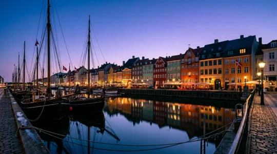 Vibrant colorful townhouses lining the historic Nyhavn canal in Copenhagen during blue hour with wooden sailboats moored in calm water