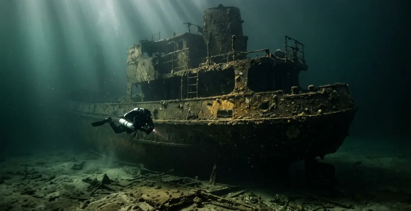 Recreational diver exploring a partially intact historical shipwreck in the Baltic Sea with dramatic natural light filtering through the water