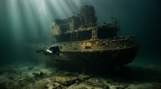 Recreational diver exploring a partially intact historical shipwreck in the Baltic Sea with dramatic natural light filtering through the water