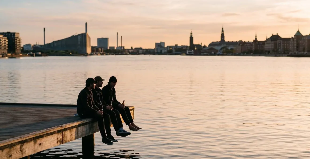Danish friends enjoying outdoor beer and conversation at Copenhagen harbor swimming spot during golden hour summer evening