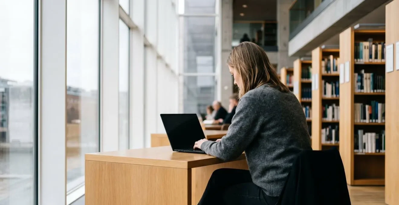 Wide shot of a person working peacefully at a library desk with soft natural light, books in background, Copenhagen atmosphere