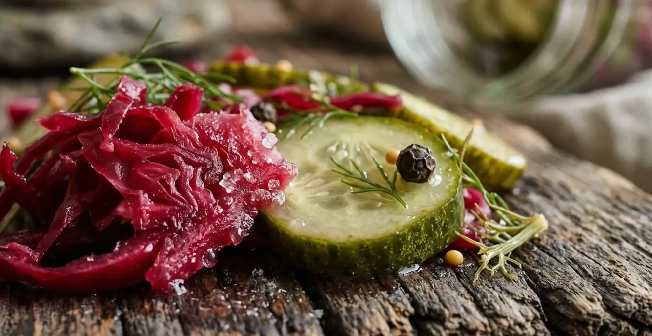 Collection of freshly pickled Nordic vegetables in glass jars with natural herbs and seasonal ingredients