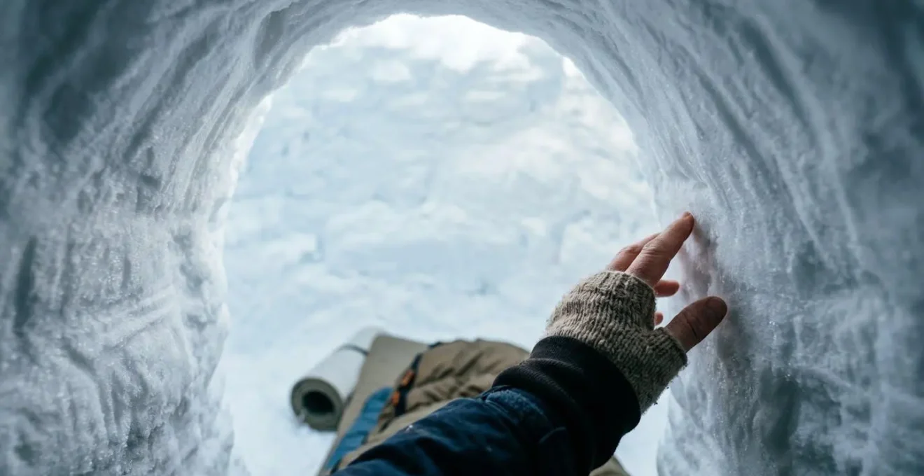 Intimate view inside a snow shelter showing the curved dome interior with soft diffused light filtering through crystalline snow walls