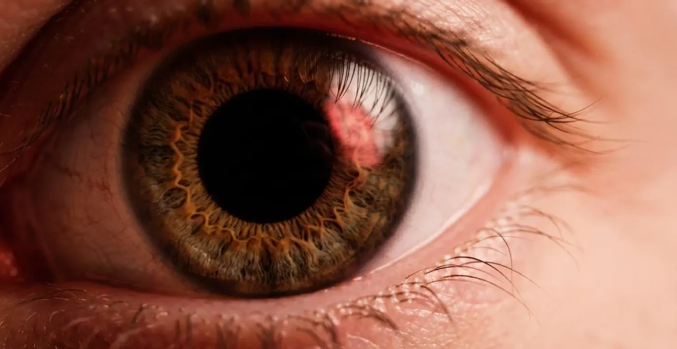 Close-up macro photograph of human pupil dilating in red light showing preserved night vision adaptation