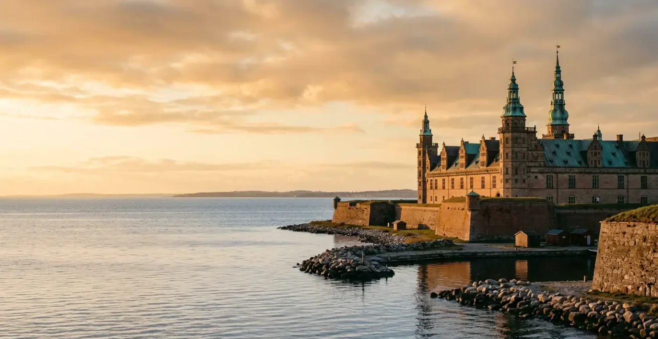 Scenic view of a historic Renaissance castle overlooking the Øresund Strait from a coastal location near Copenhagen
