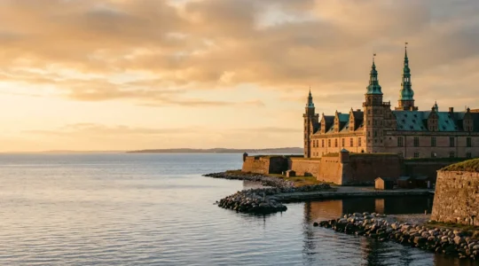 Scenic view of a historic Renaissance castle overlooking the Øresund Strait from a coastal location near Copenhagen