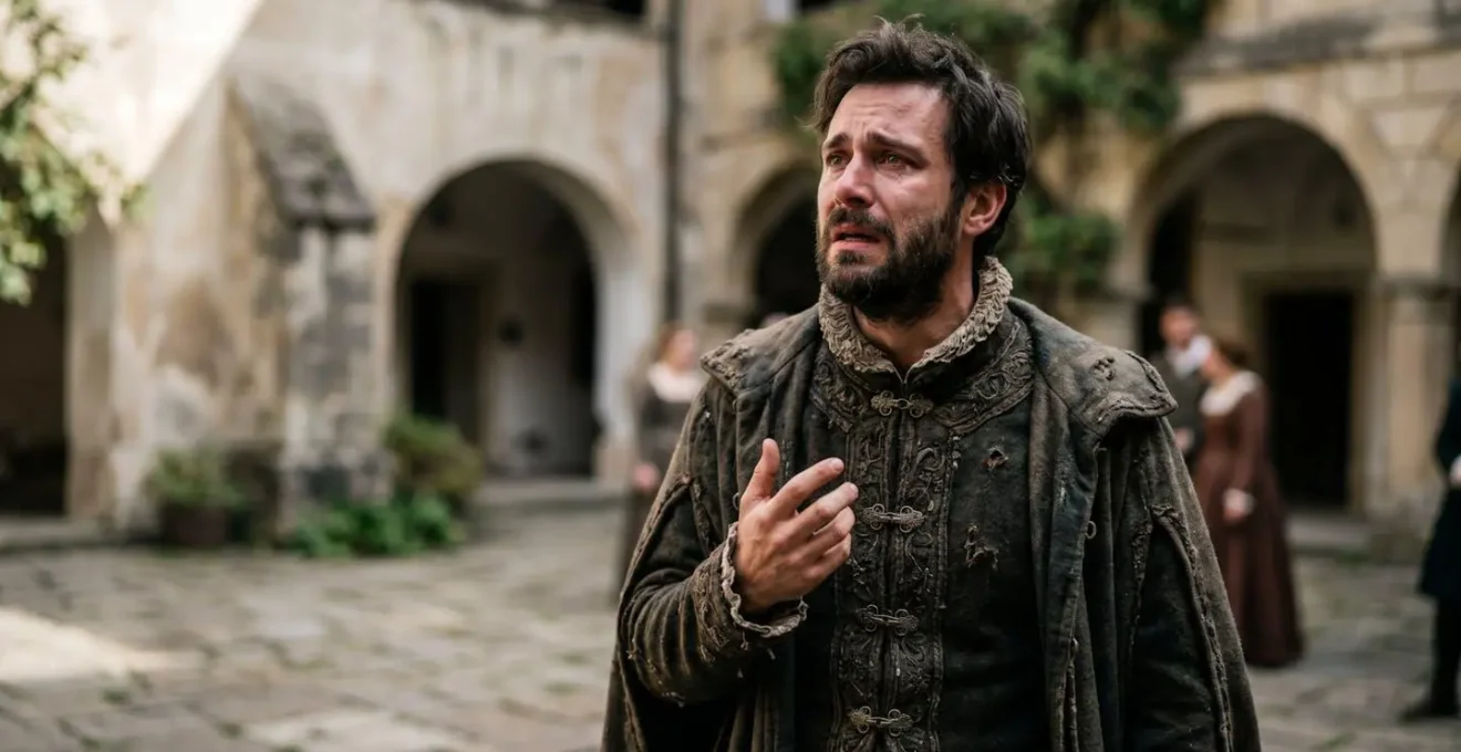 Actor in authentic renaissance theatrical costume performing in historic castle setting