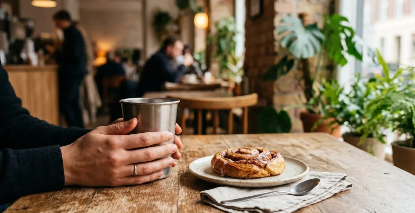Hands holding reusable coffee cup with Danish pastry on cafe table