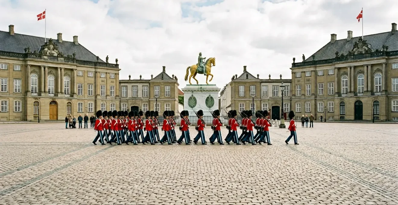 Royal Life Guards in ceremonial dress marching across the octagonal courtyard at Amalienborg Palace with the equestrian statue of Frederik V in the background