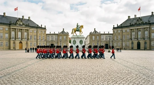 Royal Life Guards in ceremonial dress marching across the octagonal courtyard at Amalienborg Palace with the equestrian statue of Frederik V in the background