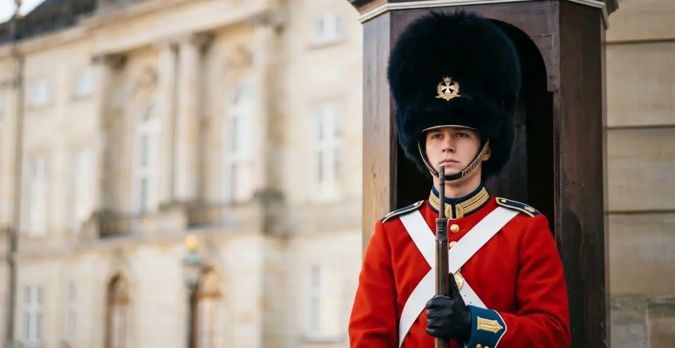 Close-up portrait of a Royal Life Guard at attention in his sentry box at Amalienborg Palace showing the detailed navy bearskin cap and scarlet uniform