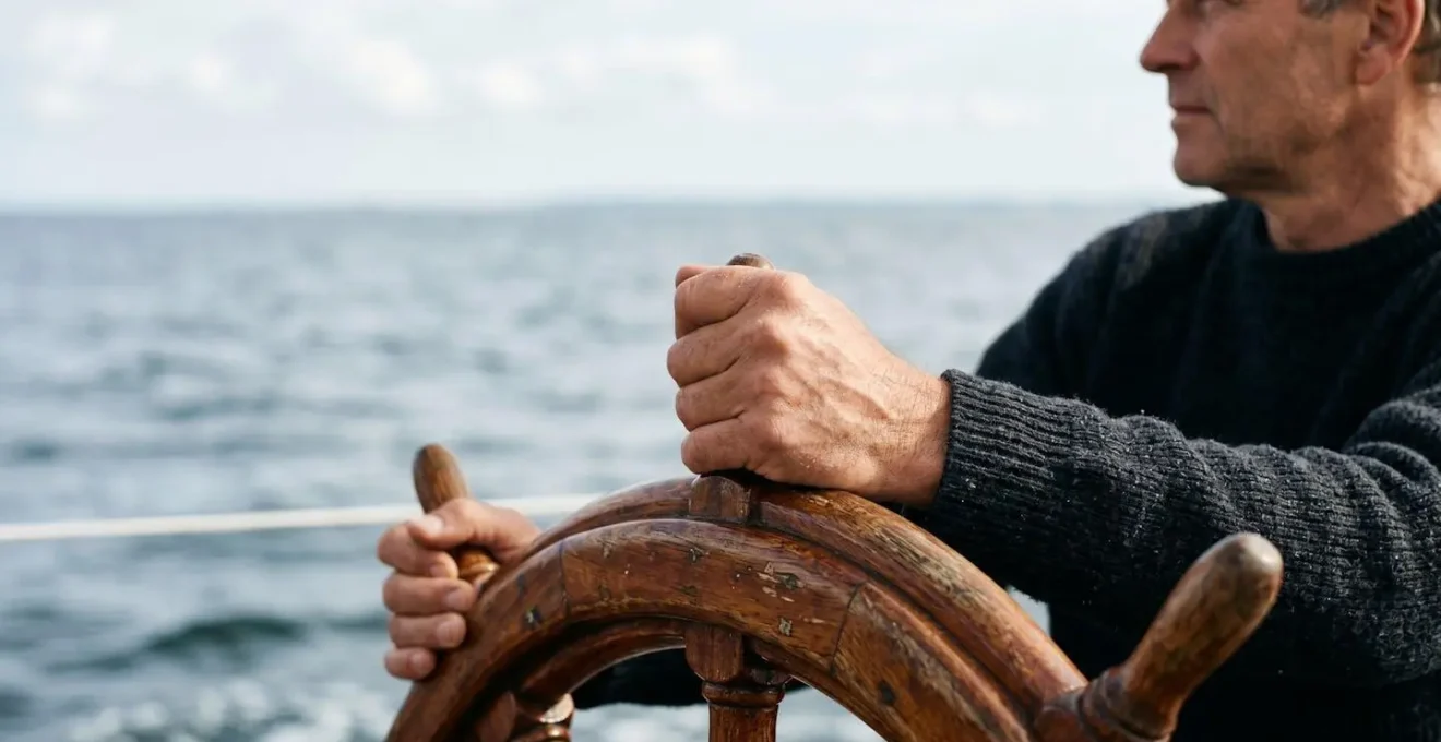 Close-up of a person's hands gripping a wooden sailboat helm wheel with the distant horizon visible in soft focus behind them