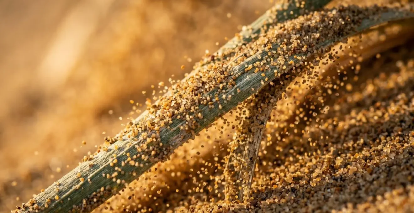 Close-up macro detail of wind-sculpted sand grains and dune grass roots illustrating coastal sand drift process