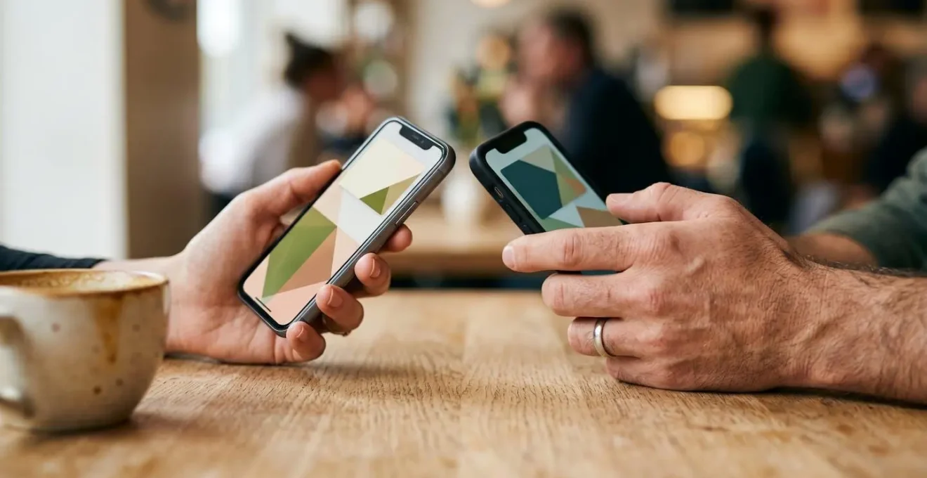 Two hands holding smartphones showing a mobile payment transfer in a cozy Scandinavian cafe setting