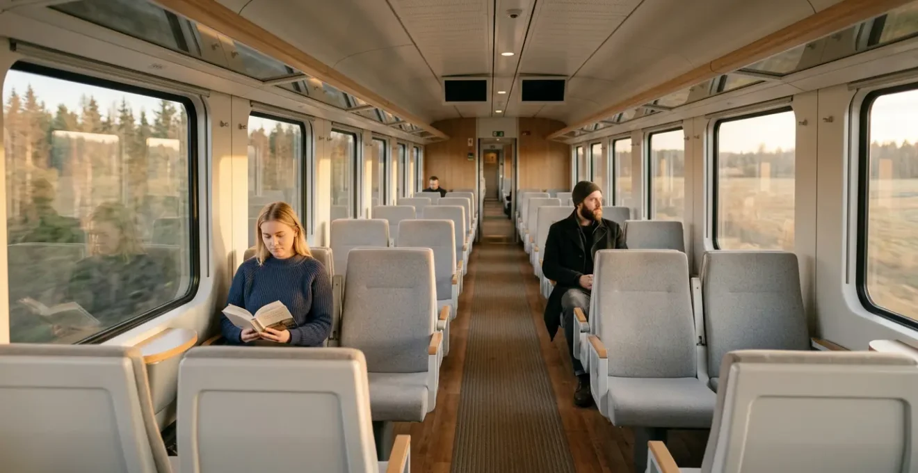 A serene Nordic public transport scene with careful spacing between passengers respecting personal boundaries