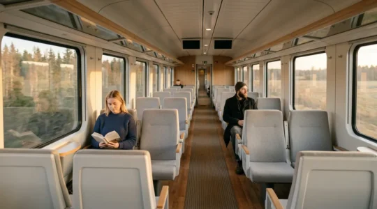 A serene Nordic public transport scene with careful spacing between passengers respecting personal boundaries