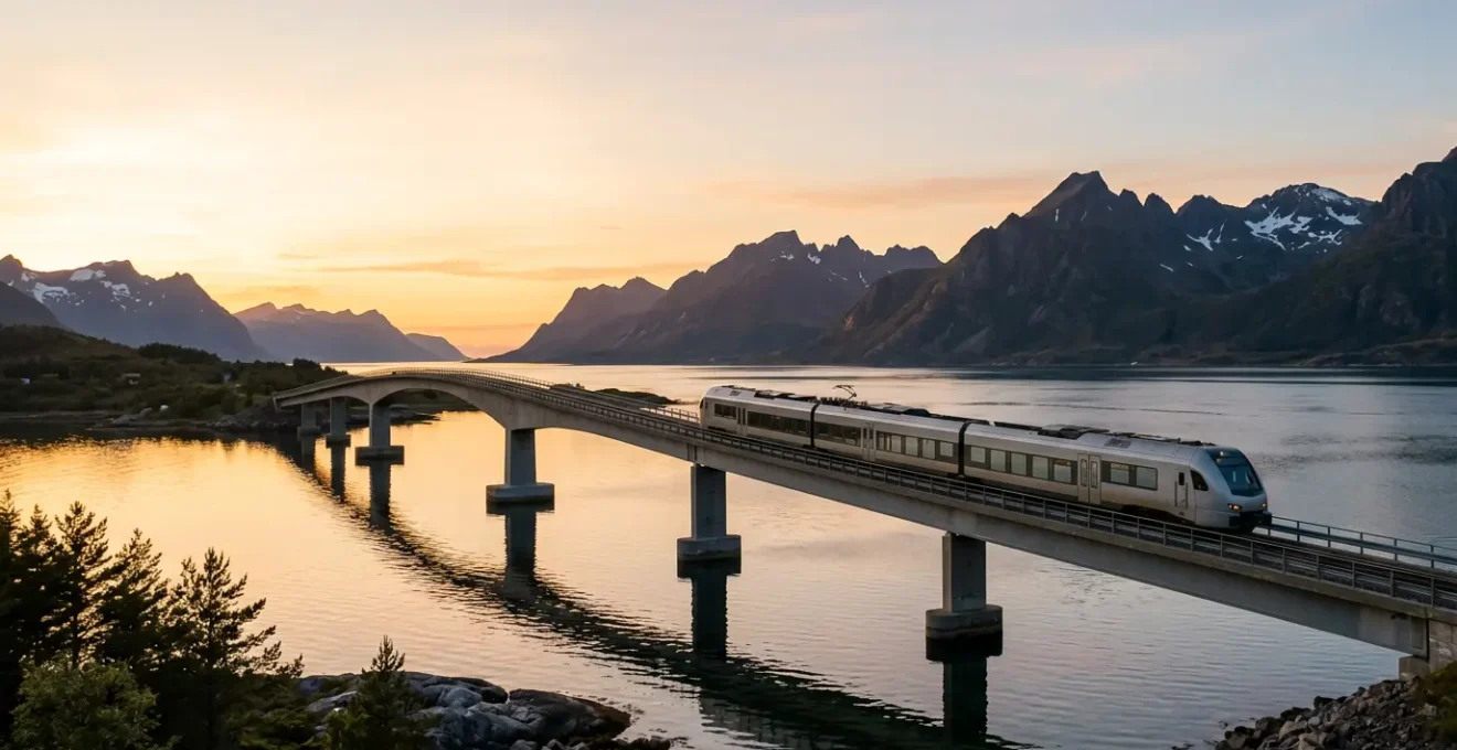 Scenic train crossing bridge over Nordic waters with mountains in background during golden hour