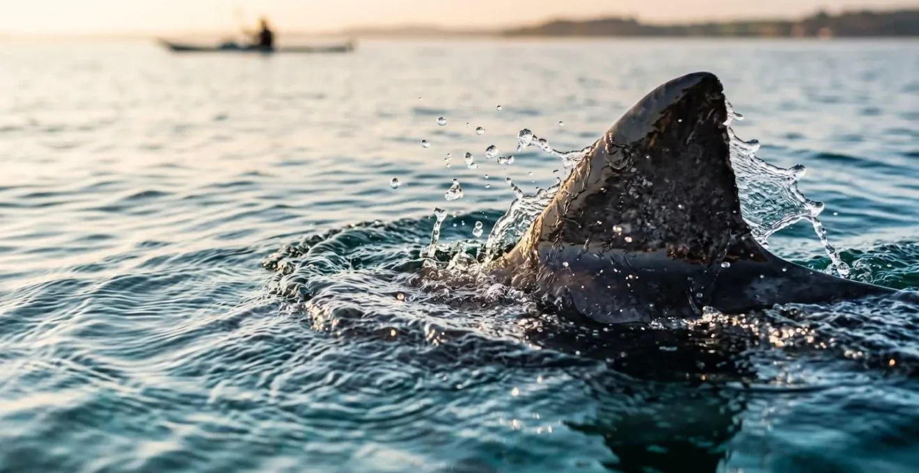 Macro close-up of rippling water surface showing a dark dorsal fin breaking through with soft morning light