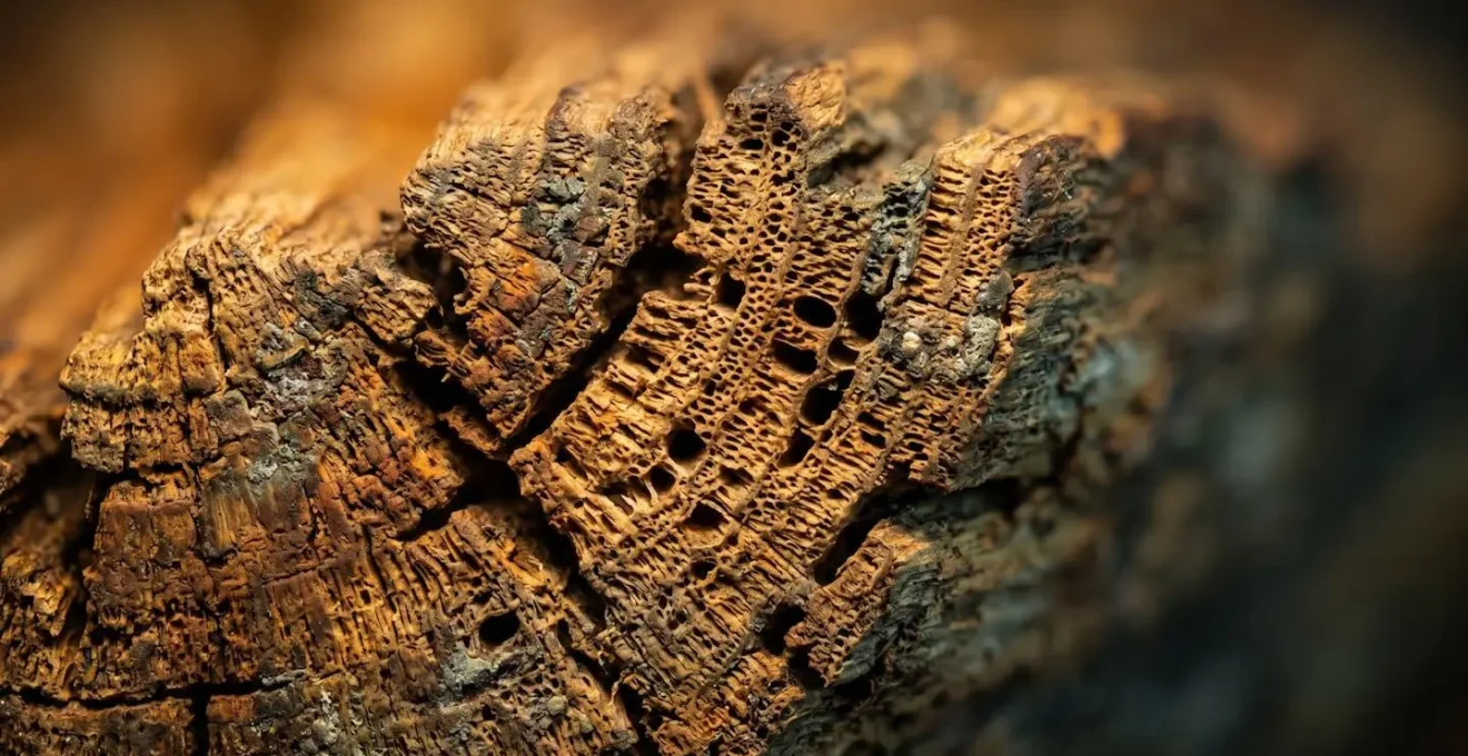Extreme macro photograph showing intricate wood grain texture with natural degradation patterns illustrating marine wood preservation science