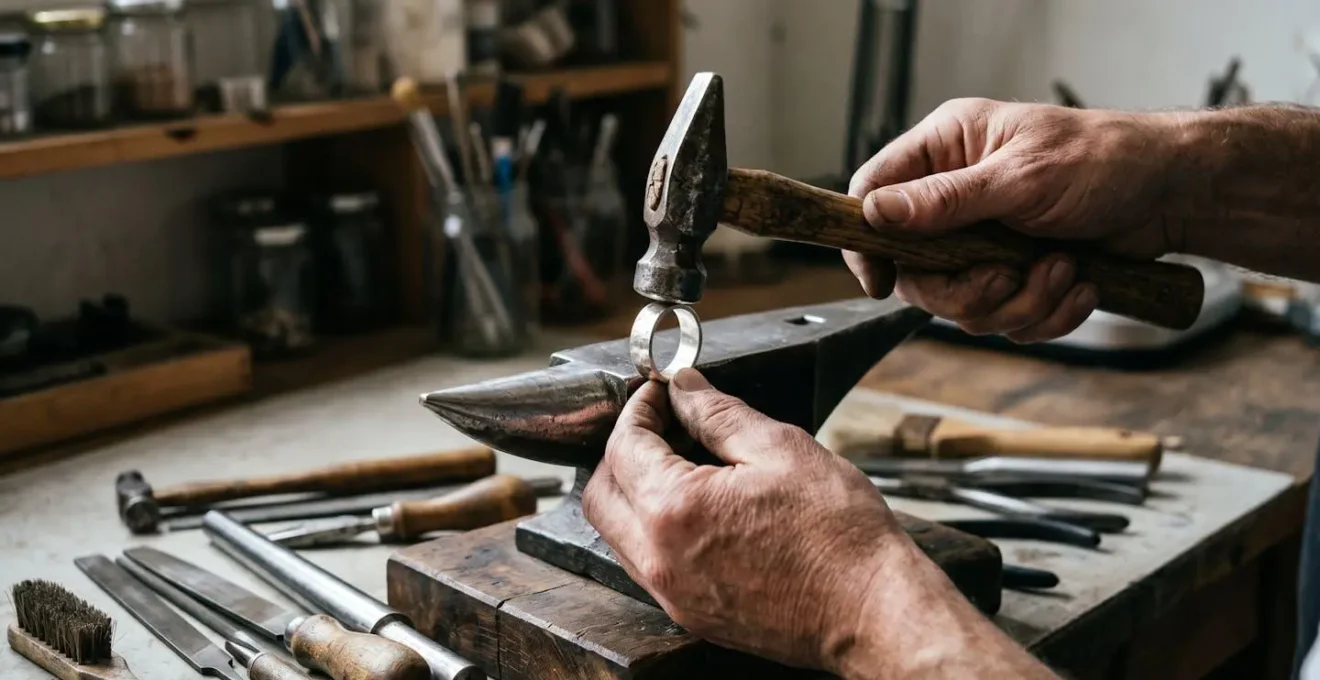 Artisan hands carefully hammering and shaping silver metal into a minimalist ring design at workshop bench