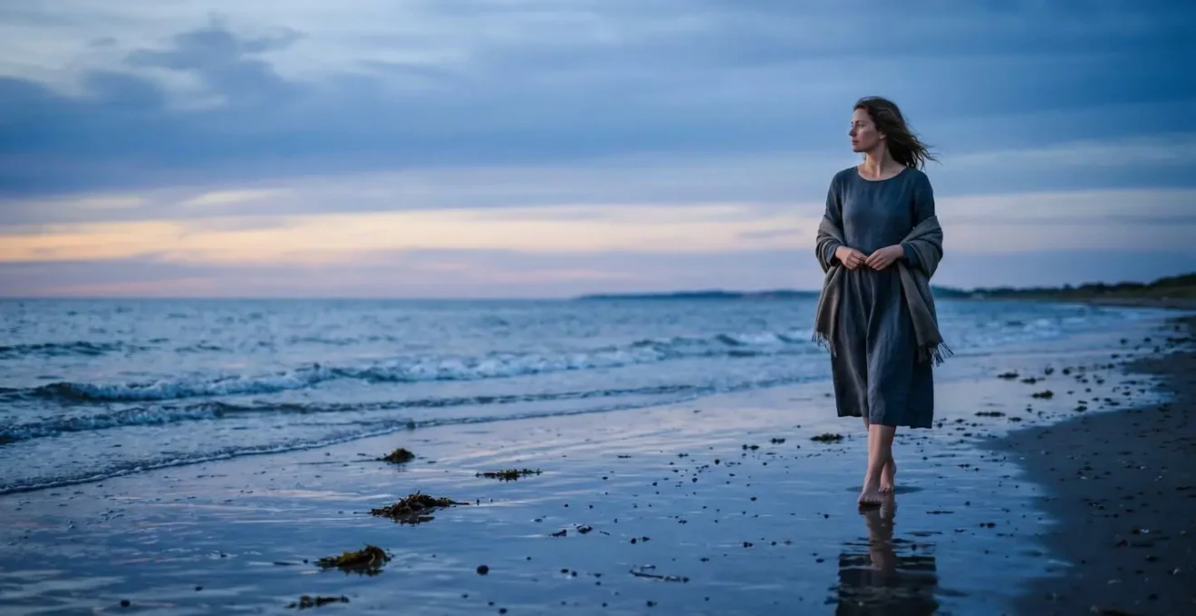 Ethereal blue hour atmosphere over Skagen beach with soft twilight merging sea and sky in seamless gradient of blue tones
