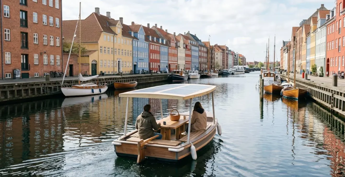 Small sustainable electric picnic boat with central picnic table navigating narrow Copenhagen canal with colorful houseboats and historic architecture