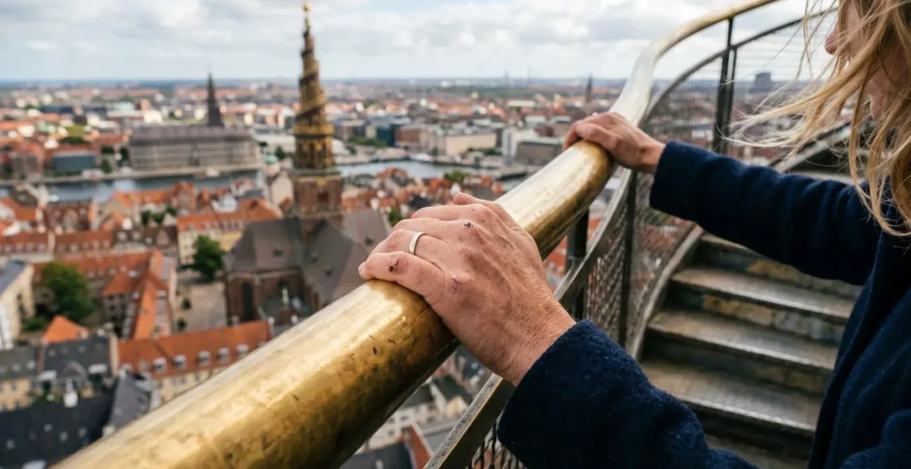 External golden spiral staircase winding around the baroque church spire against blue sky with Copenhagen cityscape below
