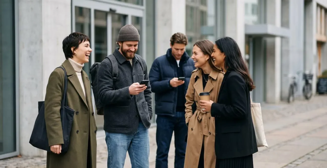 Dynamic street scene outside fashion venue showing diverse crowd and natural interactions during Copenhagen Fashion Week