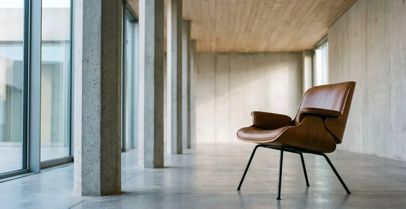 Minimalist composition showing chair structure and architectural columns in natural light