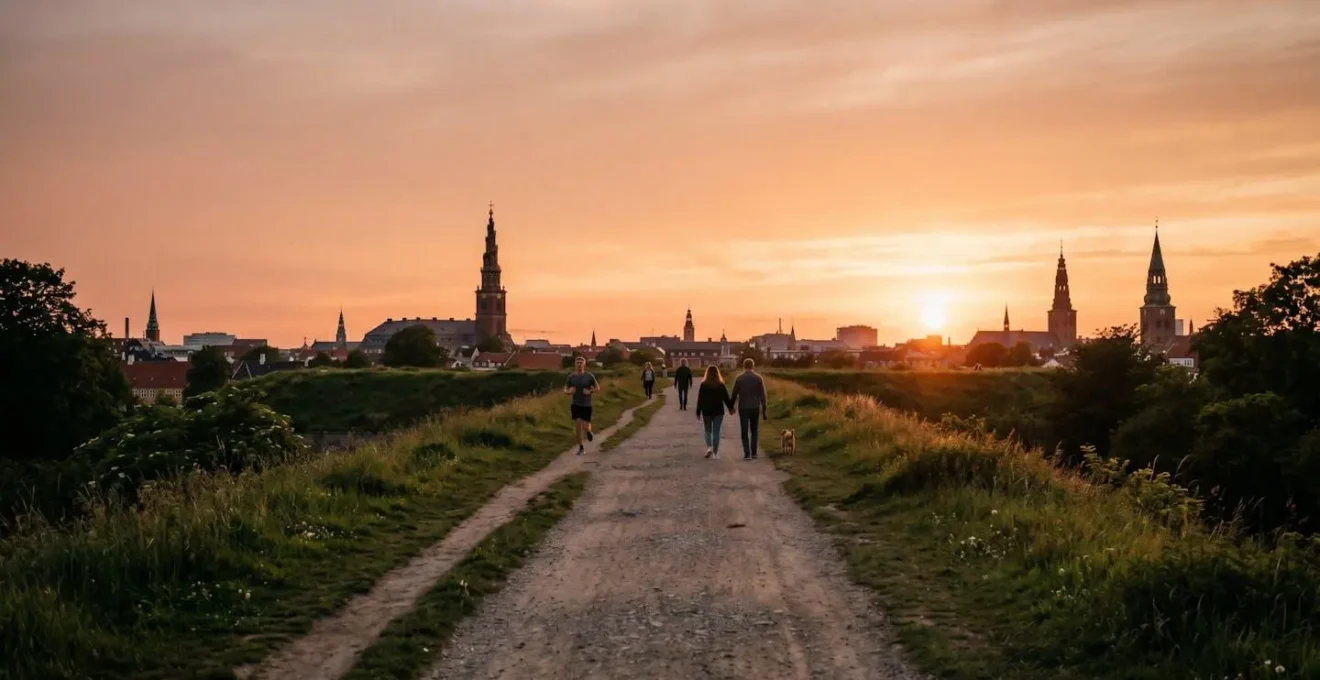 Warm golden hour light over historic rampart pathway with silhouettes of people enjoying sunset views over Copenhagen