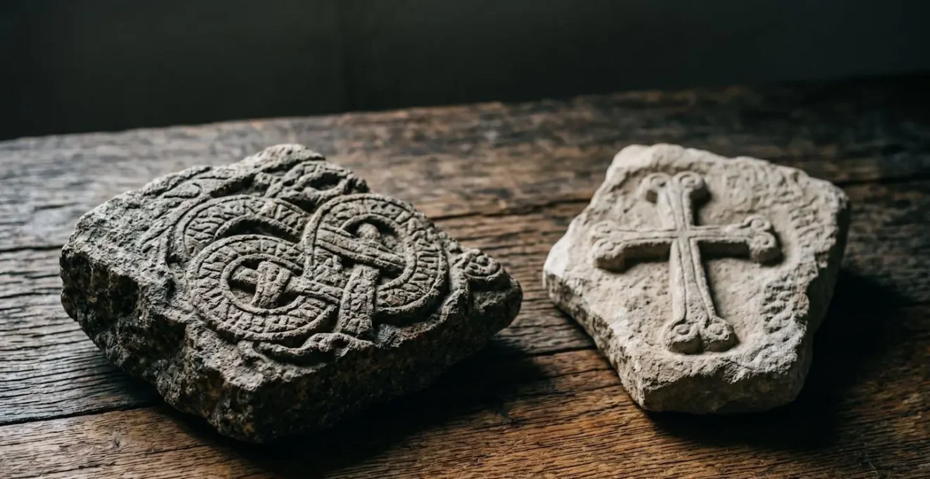 Symbolic composition showing ancient Nordic carved patterns alongside Christian cross motifs in weathered stone