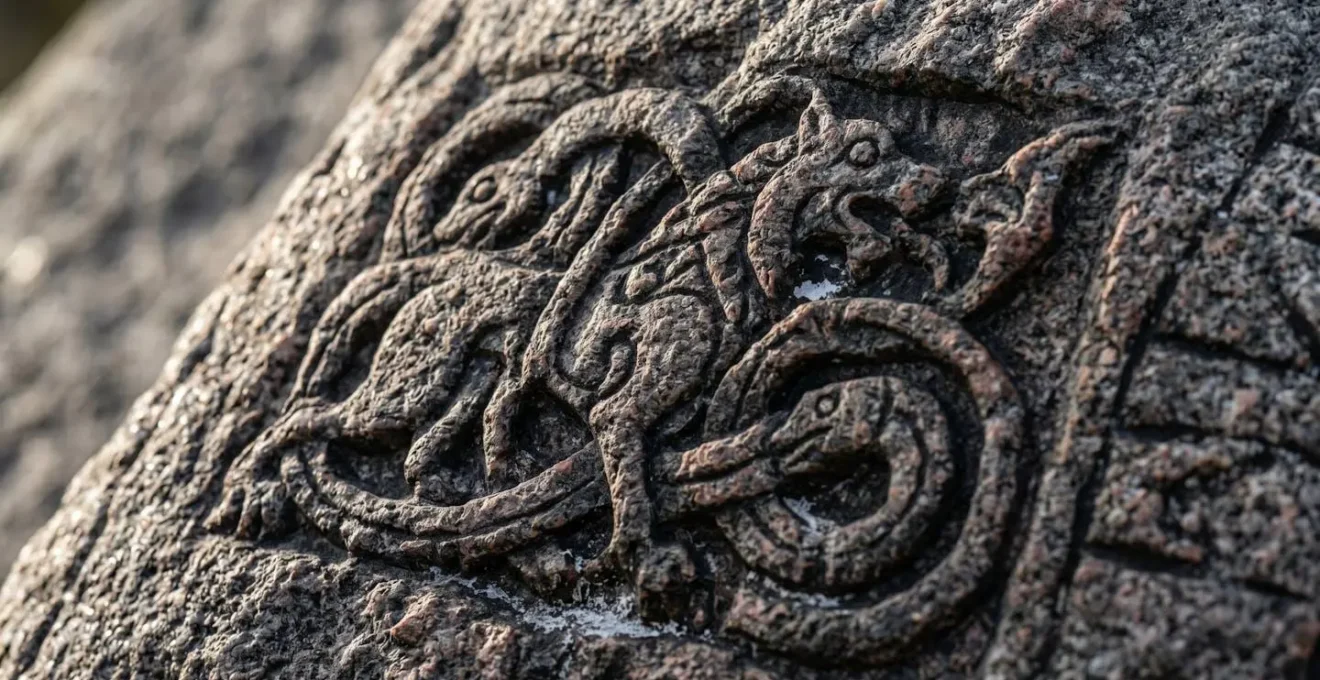 Three-dimensional carved runestone showing intricate Viking Age artistry and symbolic imagery
