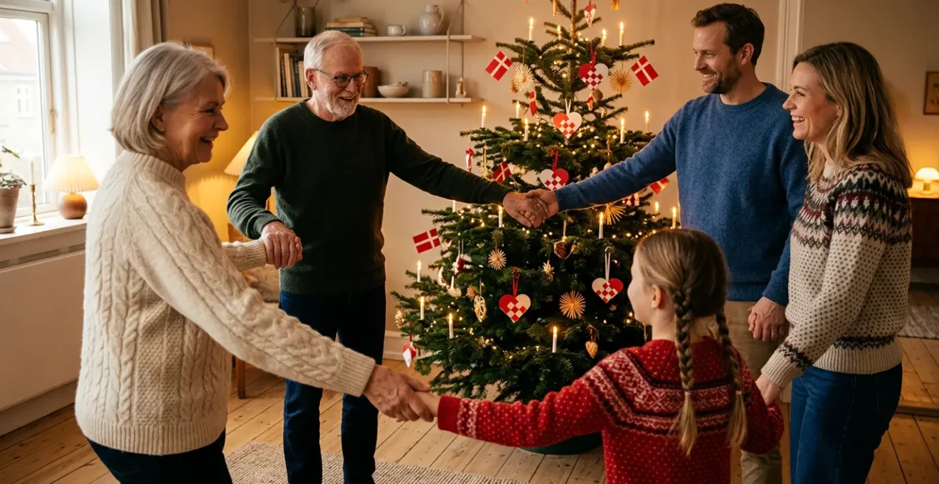 A welcoming Danish Christmas scene with families gathering around a decorated tree in warm candlelight