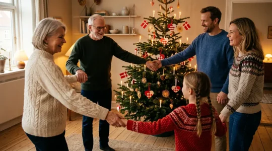 A welcoming Danish Christmas scene with families gathering around a decorated tree in warm candlelight