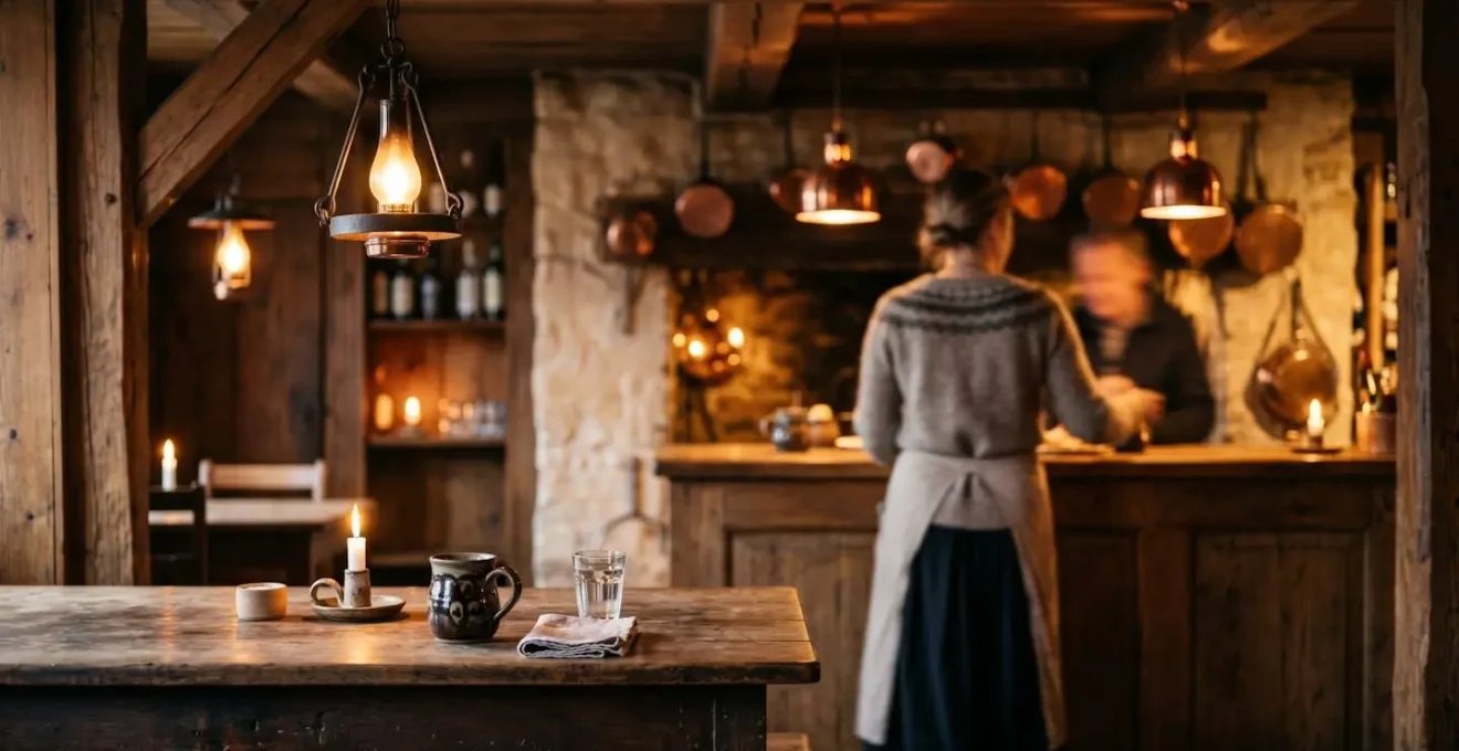 Warm inviting interior of traditional Danish Kro inn with rustic wooden features
