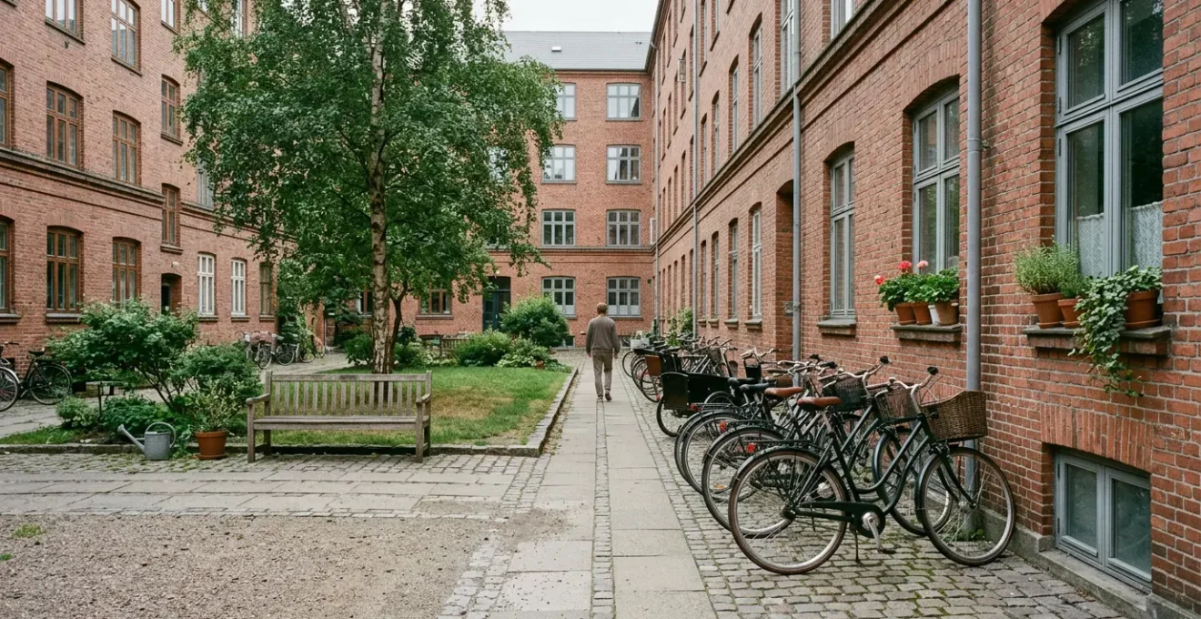 Danish residential courtyard with bicycles, communal spaces, and authentic local atmosphere representing daily life in Denmark