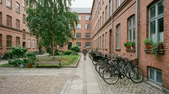 Danish residential courtyard with bicycles, communal spaces, and authentic local atmosphere representing daily life in Denmark