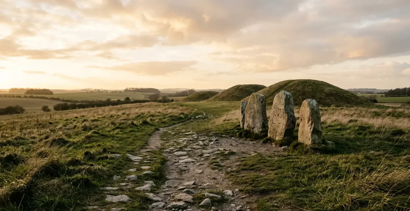 Contemporary Danish landscape with subtle Viking archaeological remnants revealing historical truth