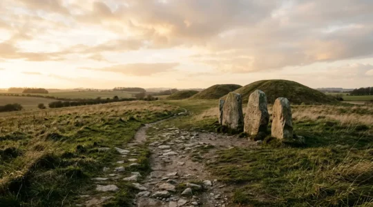 Contemporary Danish landscape with subtle Viking archaeological remnants revealing historical truth