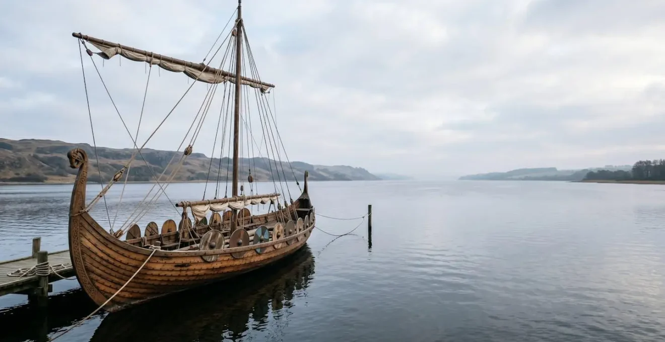 Authentic Viking ship reconstruction floating in Danish fjord waters with craftsman details